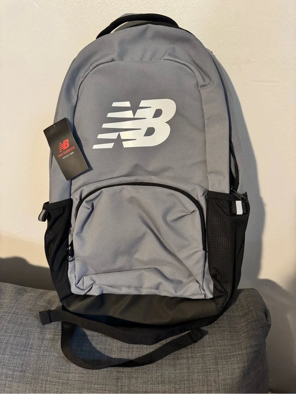 New Balance Light Gray and Black Men's Backpack with Bold Logo